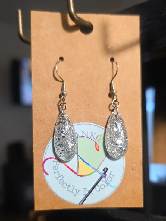 Silver Glitter Teardrop Dangle Earrings - - Picture 3 of 4